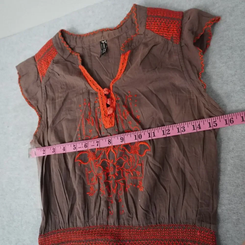 Free People Bohemian Brown And Coral Embroidered Mini Dress